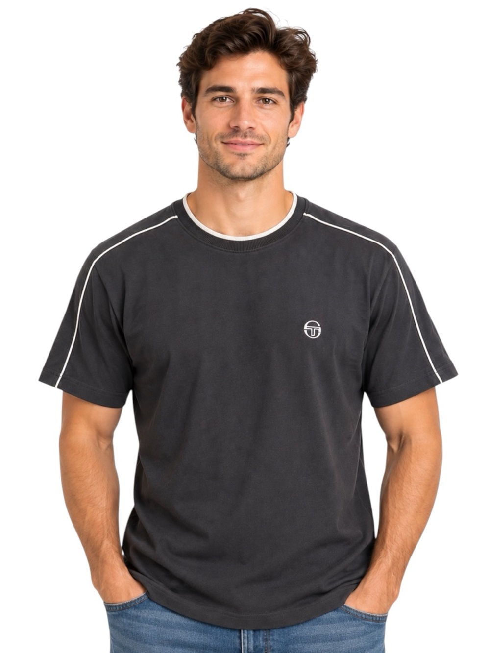 Sergio Tacchini Men’s Charcoal Gray Logo T Shirt White Piping Size M